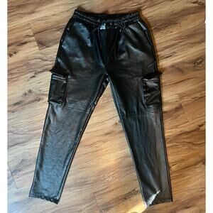 Faux Leather Black Flap Pocket Pull On Drawstring Pants Size Medium